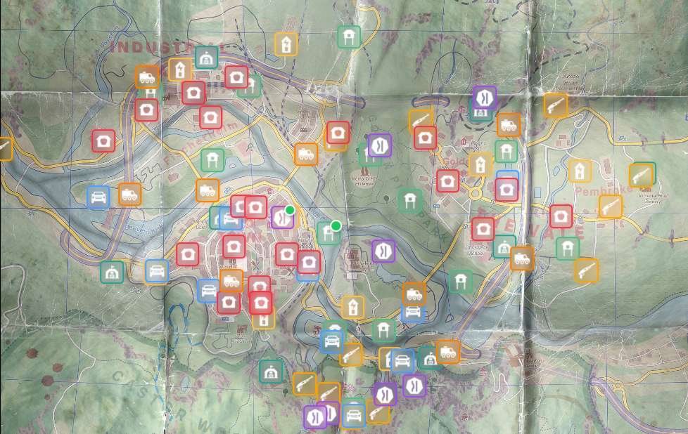 Dying Light The Beast Map Overview - Full Castor Woods layout with safehouses, volatile territories, GRE drops, and Beast events layered for quick mission briefings.